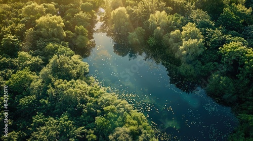 Aerial view of a river surrounded by trees  suitable for landscape or nature-related content