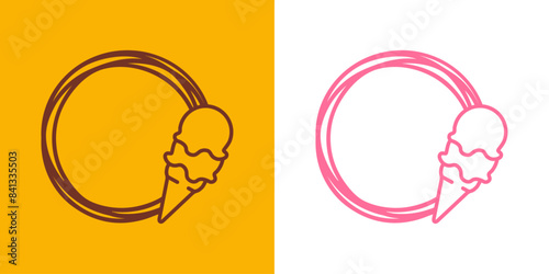 Logo ice cream. Silueta de marco circular con líneas con helado con 2 bolas en cono de waffle sabores fresa y chocolate