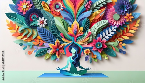 Colorful paper art yoga meditation with flowers and leaves illustration