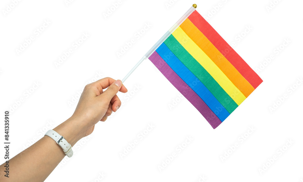 Someone hand holding a rainbow flag during a PRIDE month. The rainbow ...
