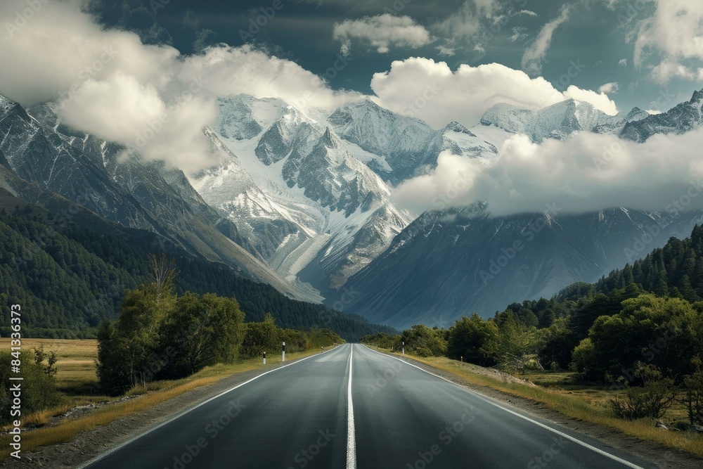 Naklejka premium Embark on a breathtaking journey through the majestic snow-capped mountains on a scenic and dramatic mountain road route. Surrounded by a wild and tranquil wilderness landscape. Clouds