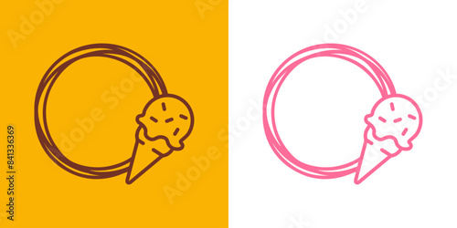 Logo ice cream. Silueta de marco circular con líneas con helado con bola en cono de waffle sabores fresa y chocolate