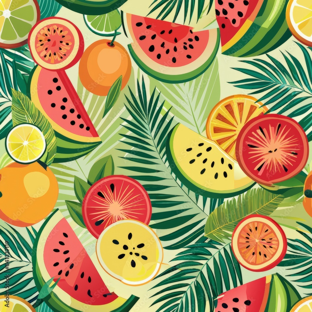 Seamless pattern of juicy watermelons, kiwis, and passion fruits intertwined with palm leaves, Generative AI Seamless pattern of juicy watermelons, kiwis, and passion fruits intertwined with palm leaves, Generative AI