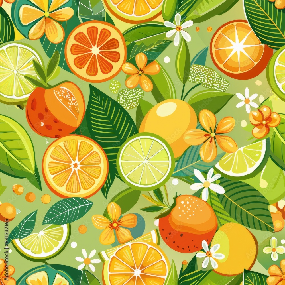 Seamless pattern of refreshing citrus fruits like oranges, lemons, and limes with tropical flowers, Generative AI Seamless pattern of refreshing citrus fruits like oranges, lemons, and limes with tropical flowers, Generative AI