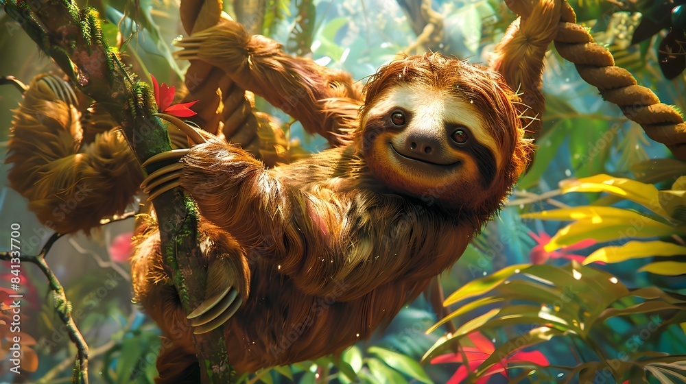 Obraz premium Whimsical Sloth Hanging Joyfully in a Vibrant Tropical Rainforest Scene