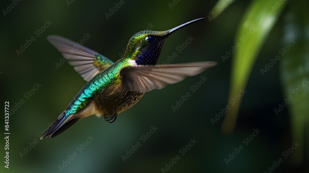 As the rain falls in the tropical forest, a Green Hermit flits from flower to flower, its long curved bill expertly extracting nectar from each one. The vibrant green bird is a symbol of beauty and re As the rain falls in the tropical forest, a Green Hermit flits from flower to flower, its long curved bill expertly extracting nectar from each one. The vibrant green bird is a symbol of beauty and re
