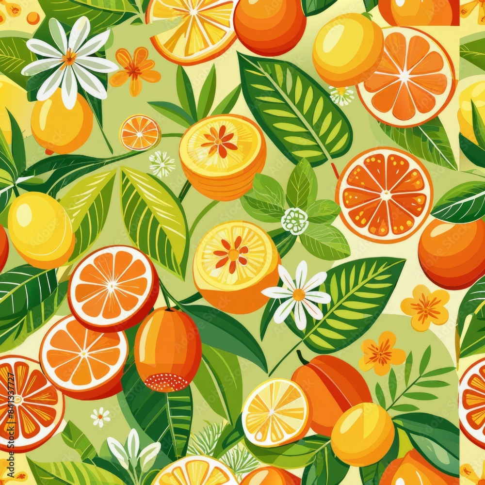 Seamless pattern of refreshing citrus fruits like oranges, lemons, and limes with tropical flowers, Generative AI Seamless pattern of refreshing citrus fruits like oranges, lemons, and limes with tropical flowers, Generative AI