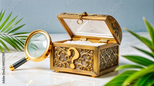 golden antique treasure chest with magnifying glass