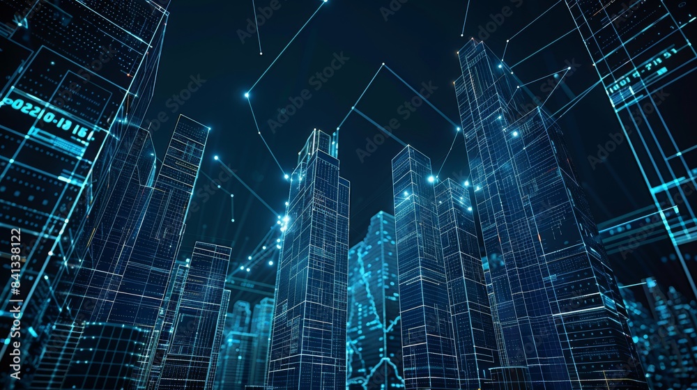 Abstract 3d city rendering with wireframe skyscrapers, digital elements, and technology concept
