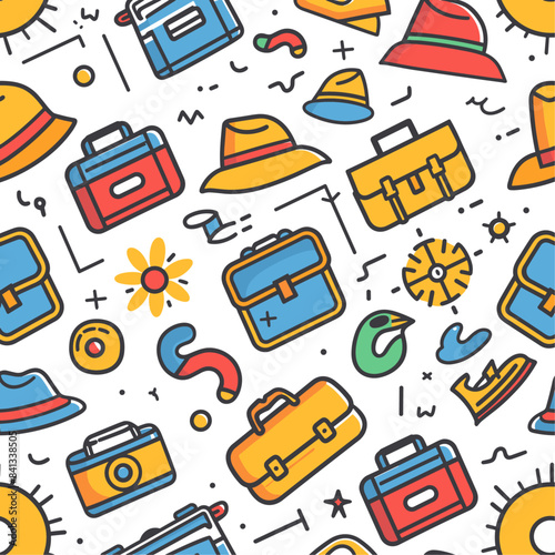 Generate seamless patterns of cute travel icons like suitcases, sun hats and cameras in bold line art style