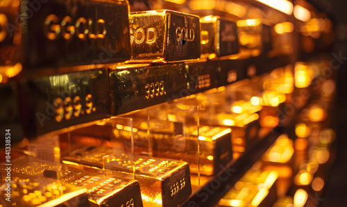 Close-up of gold bars with intricate engravings, reflecting ambient light, symbolizing luxury and stability