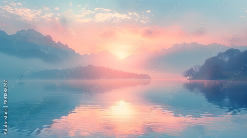 Stunning Panoramic Sunrise over Misty Mountain Lake Reflecting Tranquil Serenity Stunning Panoramic Sunrise over Misty Mountain Lake Reflecting Tranquil Serenity