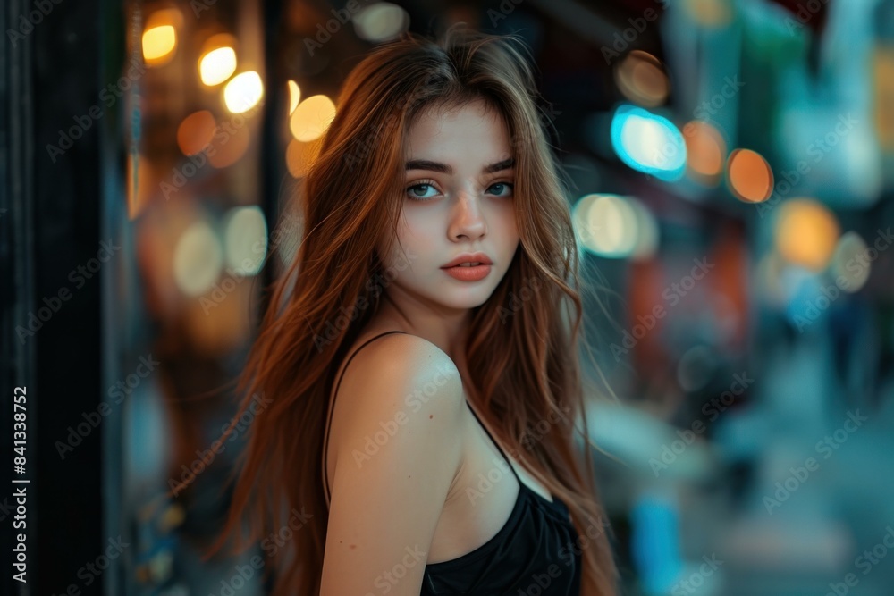 Young woman with piercing eyes poses atmospherically on a city street at dusk Young woman with piercing eyes poses atmospherically on a city street at dusk