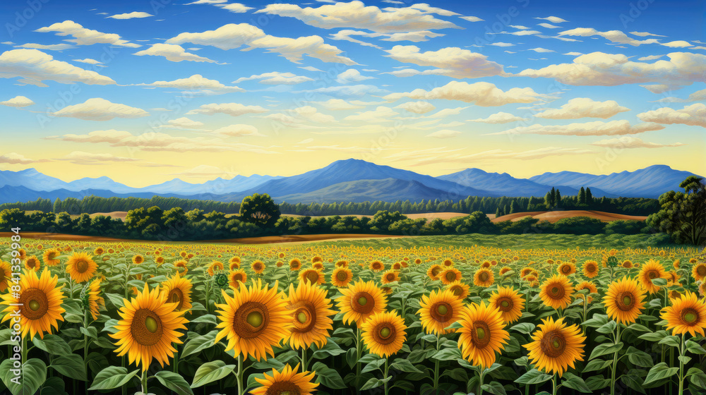Obraz premium Landscape of a field of sunflowers with trees art paint