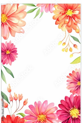 zinnia themed frame or border for photos . in bold and vibrant colors. watercolor illustration  white color background. Good for wedding print products  paper  invitations  greetings.