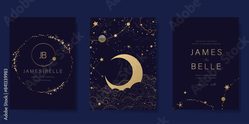 Navy Blue Luxury Wedding Invitation, start invite thank you, rsvp modern card Design in Night sky with  little star moon sun and space decorative Vector elegant rustic template