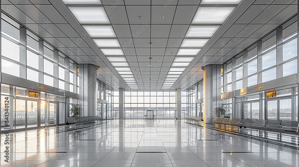 Bus station waiting hall, clean and transparent, grey and white tones, minimalist design, open space, large glass walls, sleek metal and glass elements, calm and orderly. Generative AI. Bus station waiting hall, clean and transparent, grey and white tones, minimalist design, open space, large glass walls, sleek metal and glass elements, calm and orderly. Generative AI.