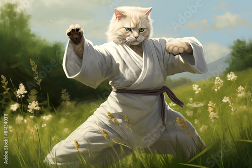 A cat in a kimono practices karate in nature.