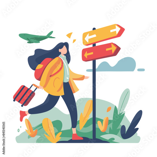 A young woman is running towards the direction signpost. This flat design illustration is in the vector style
