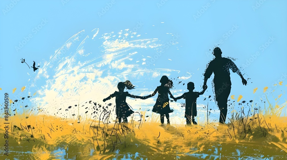 a father and child running happily under clear bright sky, holding hands, father's day a father and child running happily under clear bright sky, holding hands, father's day