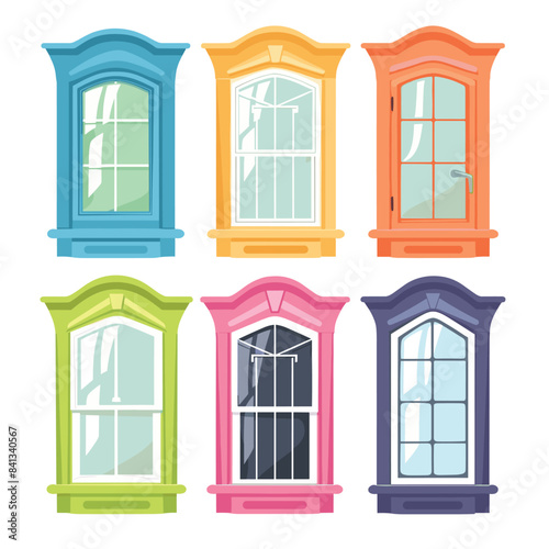 Collection colorful vector vintage windows, various designs colors. Cartoon style windows, ideal architectural concepts childrens illustrations. Classic window frames, one broken glass pane