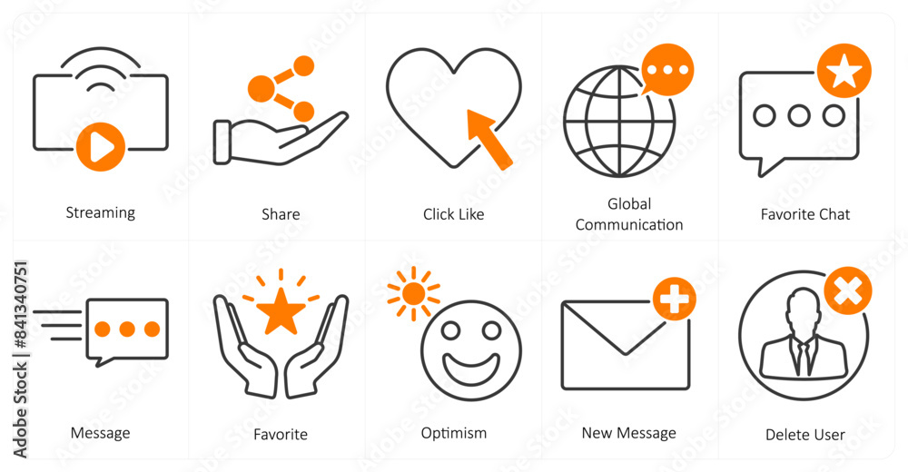 Fototapeta premium A set of 10 mix icons as streaming, share, click like