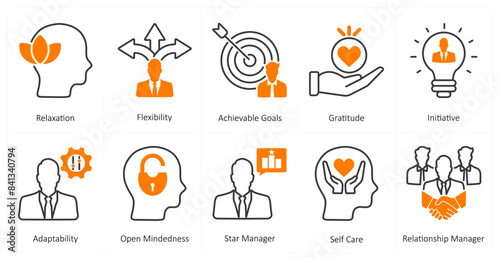 A set of 10 mix icons as relaxation, flexibility, achievable goals