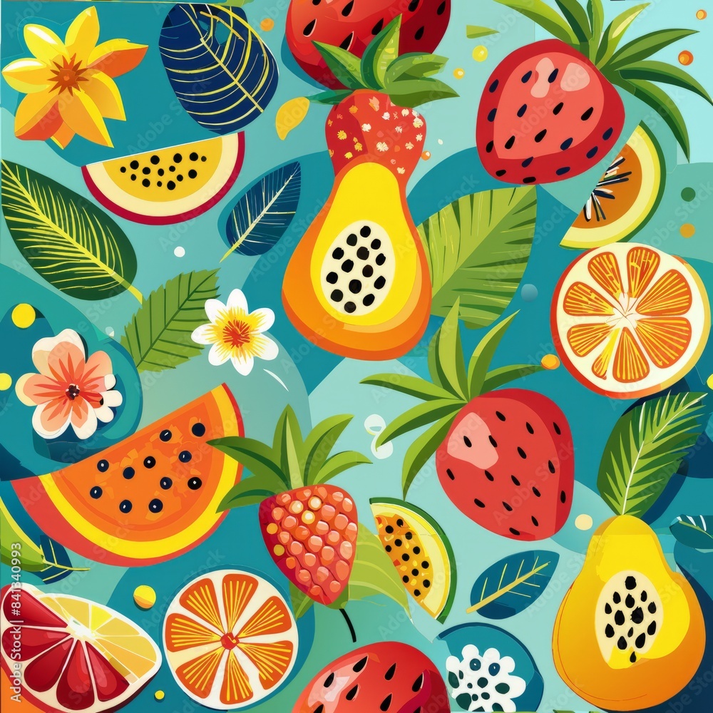 Seamless pattern of tropical fruit patterns inspired by traditional Hawaiian quilting designs, Generative AI Seamless pattern of tropical fruit patterns inspired by traditional Hawaiian quilting designs, Generative AI