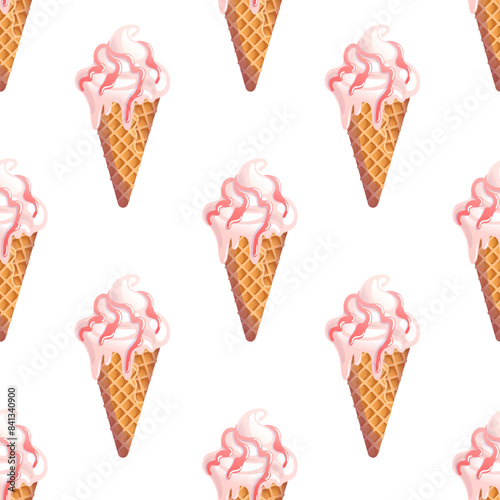 Creamy vanilla ice cream in a waffle cone with berry or fruit topping. Seamless pattern. Summer cold dessert. Delicious sweets, realistic food illustration. For menu, cafe, wallpaper, background