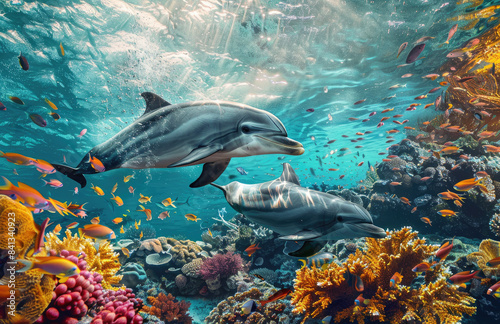 two dolphins swimming around the coral reef  with fish and sea plants in the background  showing an under water view