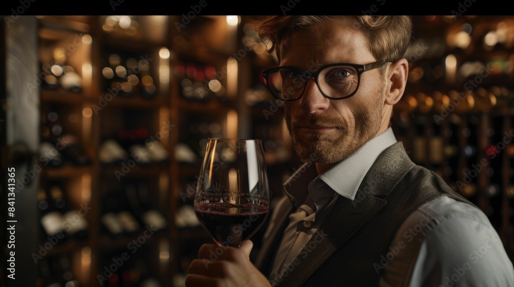 The picture of the professional sommelier in the wine storage room, The professional sommelier need the experience in wine to perfect the skill in recommending appropriate wine for customer. AIG43.