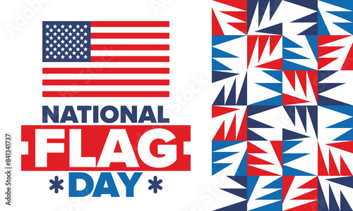 National Flag Day in United States. American flag day. Holiday celebrated annual June 14 in USA. Patriotic style design. Poster, greeting card, banner and background. Vector illustration