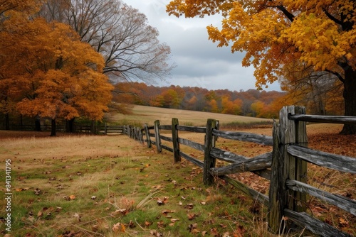 Idyllic autumn scene with vibrant foliage and a rustic wooden fence in the countryside