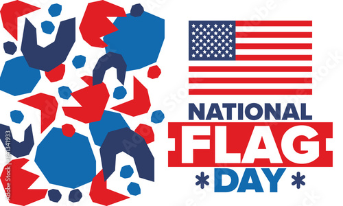 National Flag Day in United States. American flag day. Holiday celebrated annual June 14 in USA. Patriotic style design. Poster, greeting card, banner and background. Vector illustration
