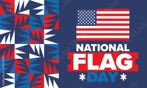 National Flag Day in United States. American flag day. Holiday celebrated annual June 14 in USA. Patriotic style design. Poster, greeting card, banner and background. Vector illustration