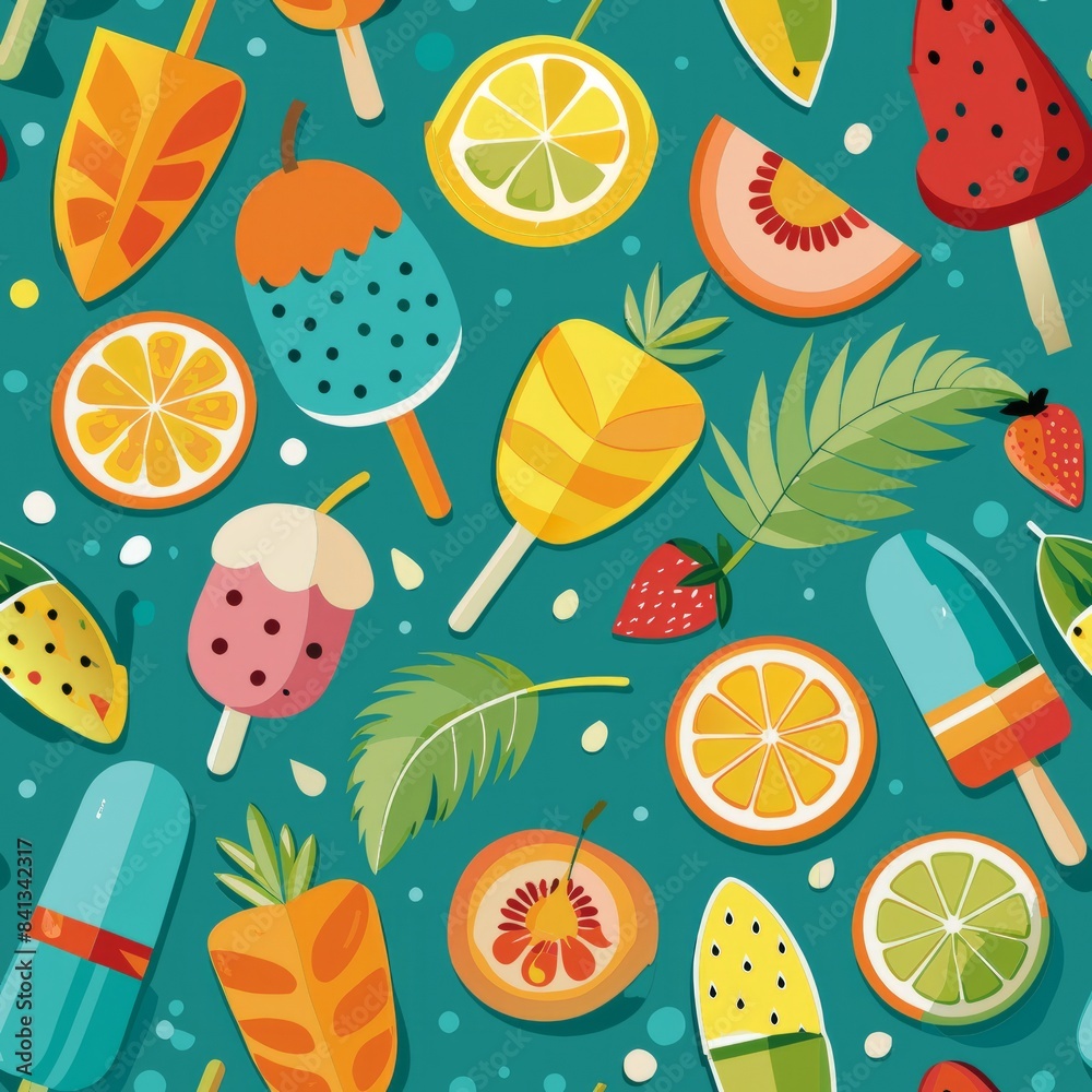 Seamless pattern of tropical fruit popsicles and ice cream treats to beat the heat, Generative AI Seamless pattern of tropical fruit popsicles and ice cream treats to beat the heat, Generative AI