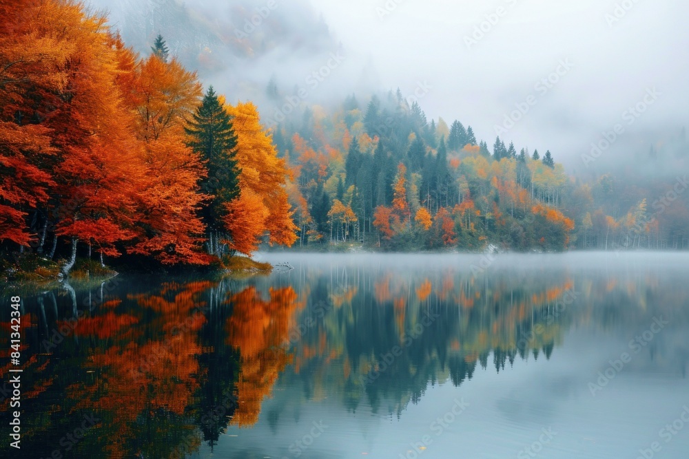 Vibrant autumn trees reflected in the calm waters of a foggy lake during fall Vibrant autumn trees reflected in the calm waters of a foggy lake during fall