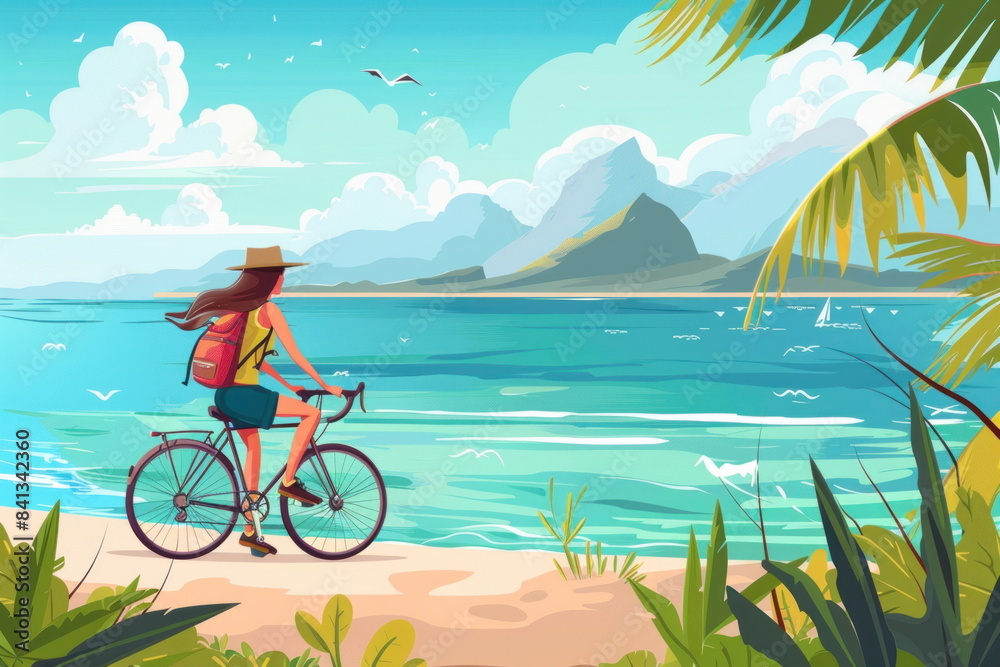 Fototapeta premium Cartoon character of Woman tourist on bicycle taking photo with camera, riding bike on seaside
