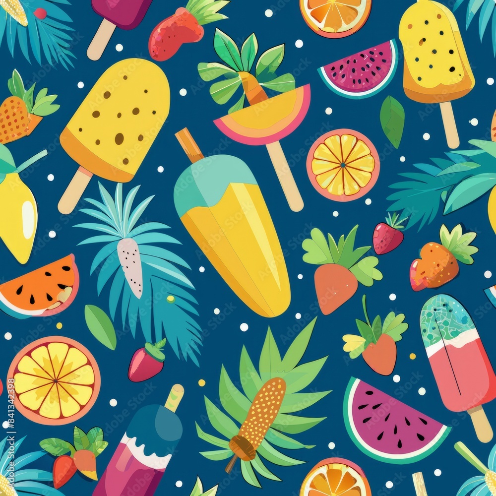 Seamless pattern of tropical fruit popsicles and ice cream treats to beat the heat, Generative AI Seamless pattern of tropical fruit popsicles and ice cream treats to beat the heat, Generative AI