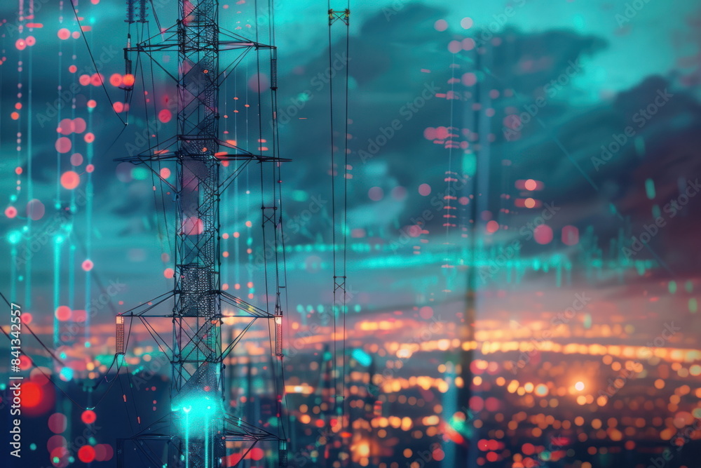 Obraz premium high voltage transmission towers with line data hologram with city background