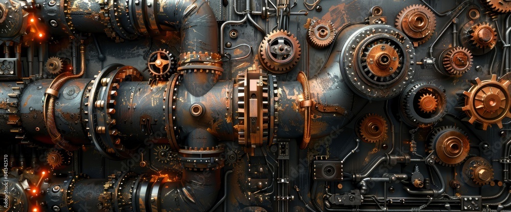 An Industrial-Themed Background With Metallic Textures, Gears, And Pipes Intertwined In A Complex Pattern An Industrial-Themed Background With Metallic Textures, Gears, And Pipes Intertwined In A Complex Pattern