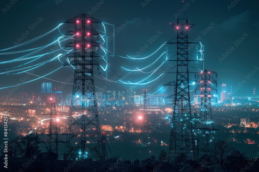 Obraz premium high voltage transmission towers with line data hologram with city background