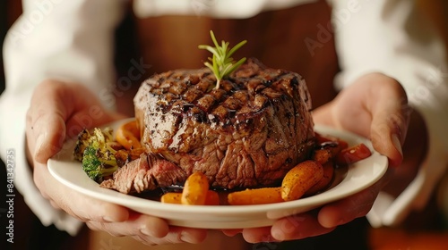 Waiter gracefully serves meat dishes at elegant event, demonstrating precision and finesse photo