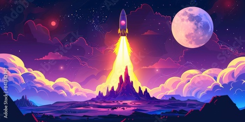 Rocket Launch to the Moon for Bitcoin and Cryptocurrency Assets. Financial Freedom Explodes with Soaring Prices. Bull Market and Cyclical Top Concepts with Chart Data. 4K HD Wallpaper Background with 