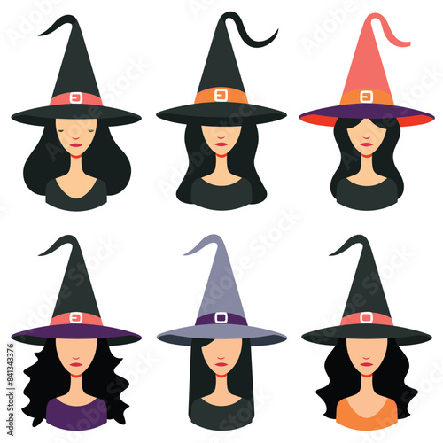 Six stylized female witch characters wearing pointy hats. Different color hats represent various magical archetypes. Simplistic, flat design ideal Halloween themed materials