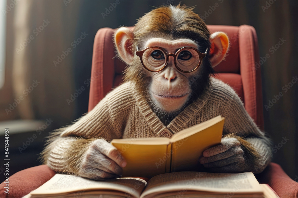 Fantasy image of monkey reading a book Fantasy image of monkey reading a book