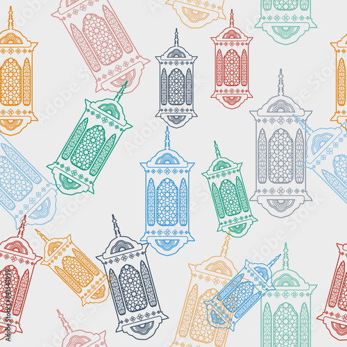 Editable Outline Style Various Color Arabic Ramadan Lamp Vectorised Illustration Seamless Pattern for Creating Background of Arabian Culture Tradition and Islamic Moments Related Design photo