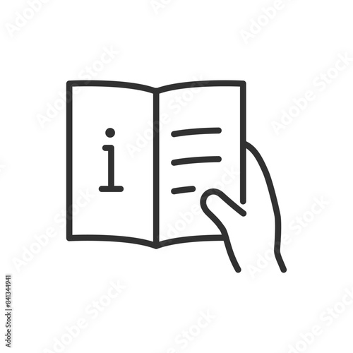 Information booklet, linear icon, instruction book in hand. Line with editable stroke
