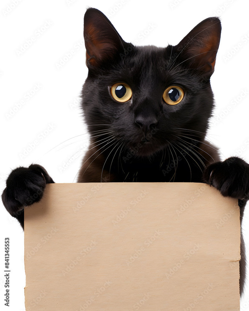 Cute black cat holding blank whiteboard in its paws isolated on white background