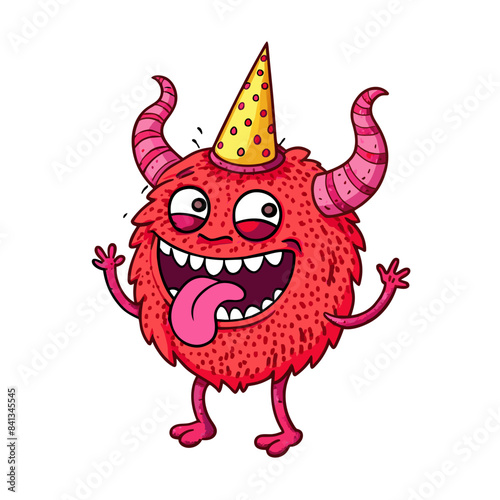 a red monster devil, with party hats for horns, smiling, tongue sticking ou